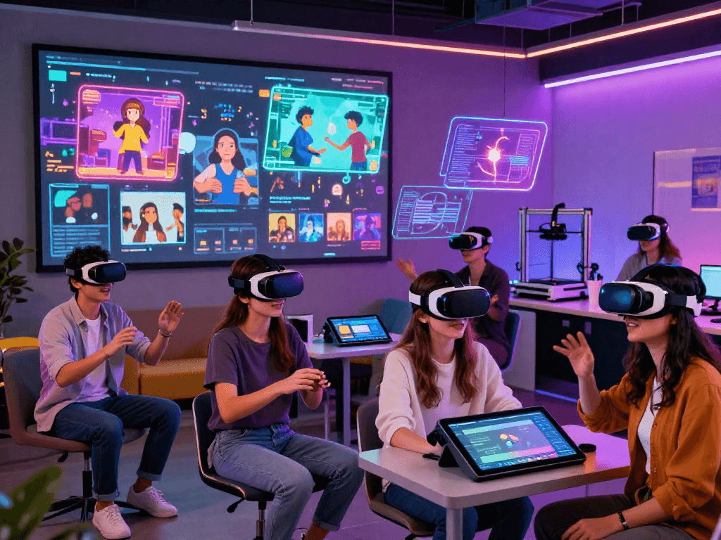 Users experiencing ai roleplay in an immersive virtual reality environment with diverse avatars and engaging interactions