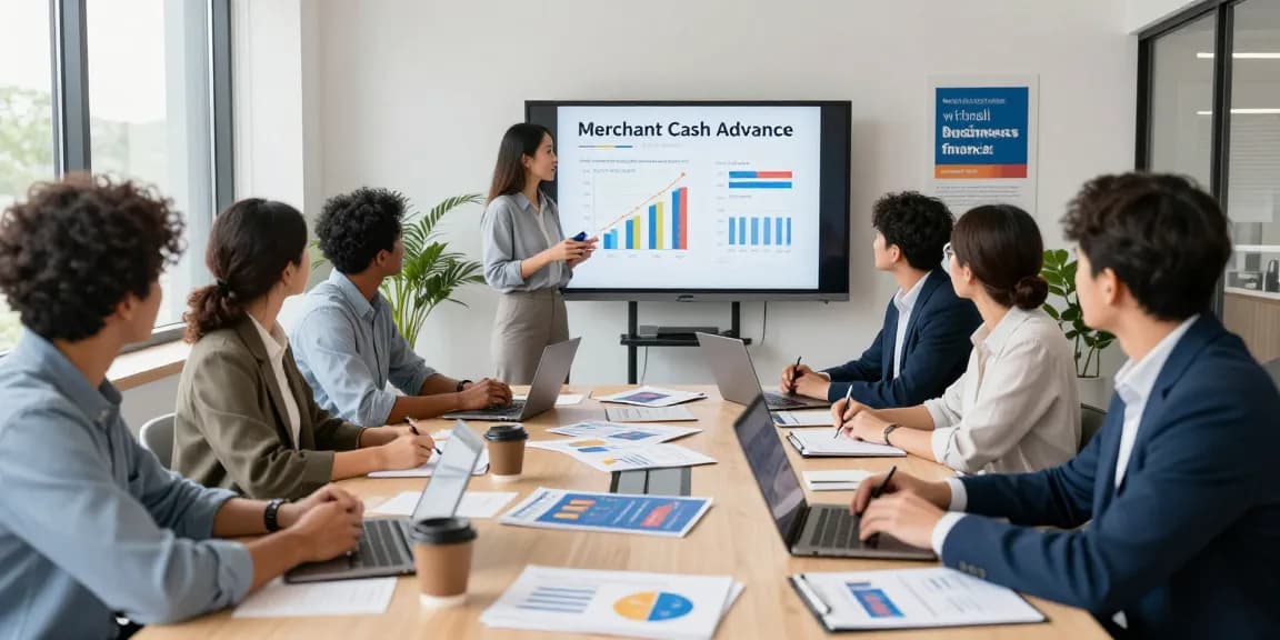Business owners learning about merchant cash advance in a modern workshop.