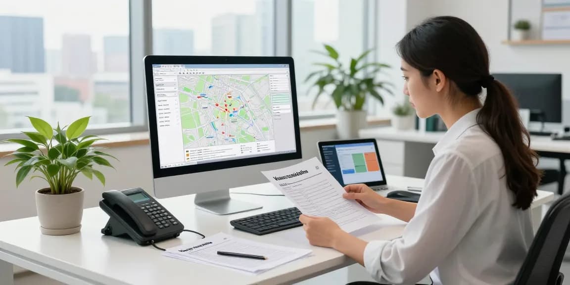 Servizio di visura catastale online in un ufficio immobiliare con agente che esamina documenti.