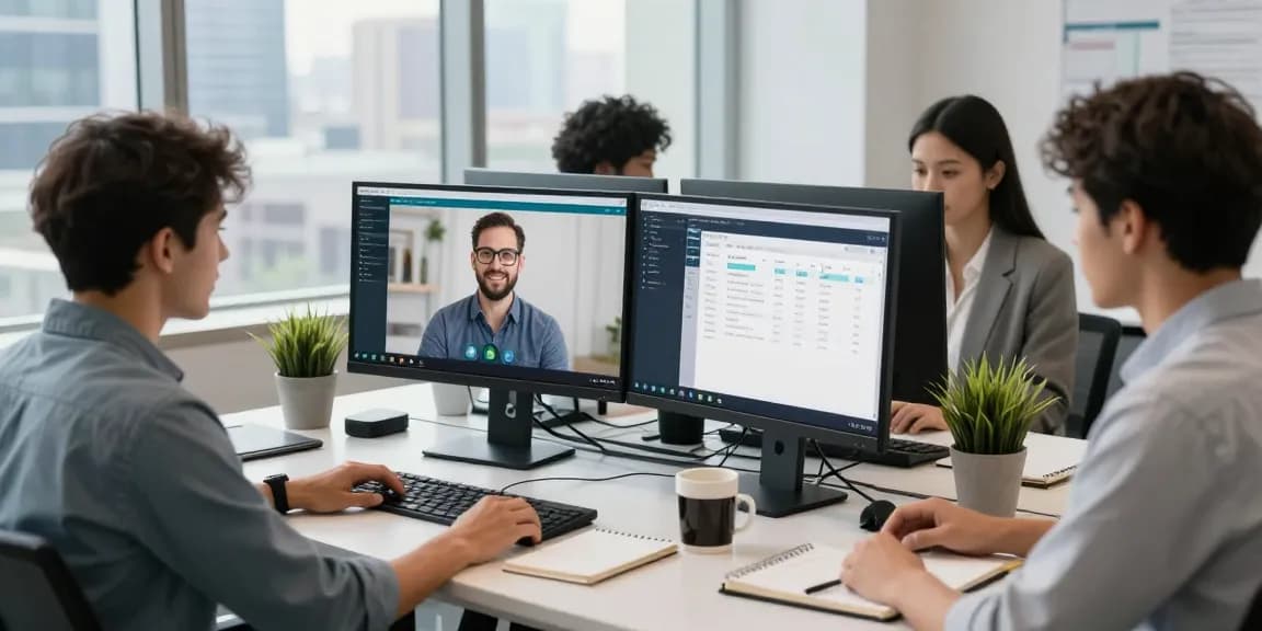 Remote IT support for small business team collaborating with clients in a bright office.