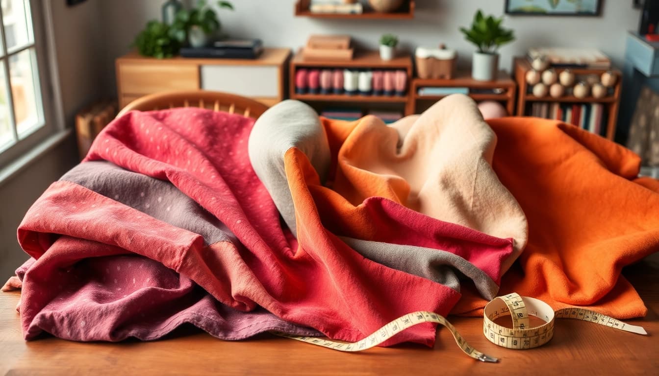Stof kopen per meter met kleurrijke stoffen en naaiaccessoires op een houten tafel.