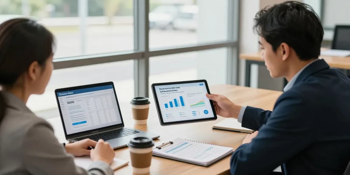 Business consultant explaining merchant cash advance options to a small business owner in a modern office setting.