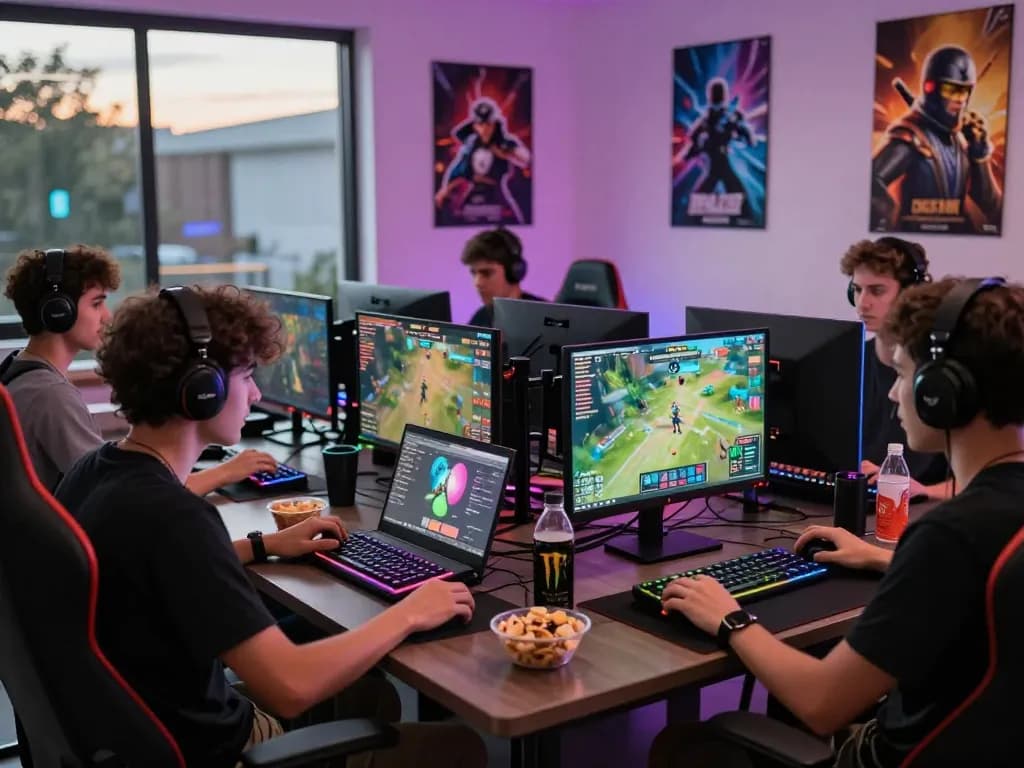 Gaming session at https://rikviprent.com with friends using advanced equipment in a vibrant atmosphere.