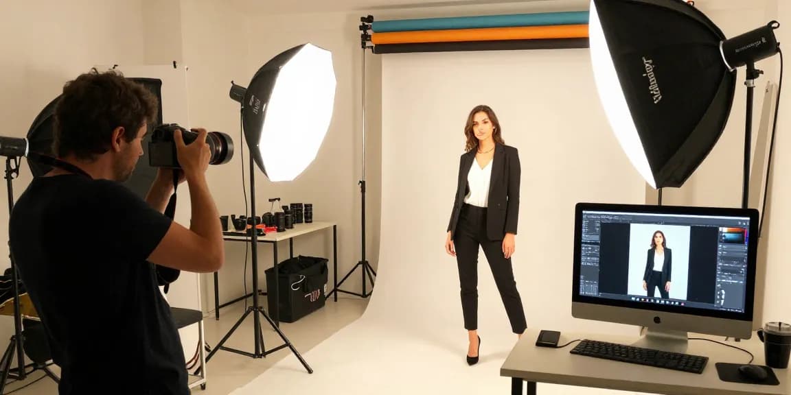 Fotografo professionista Milano che cattura un modello alla moda in un vivace ambiente da studio.