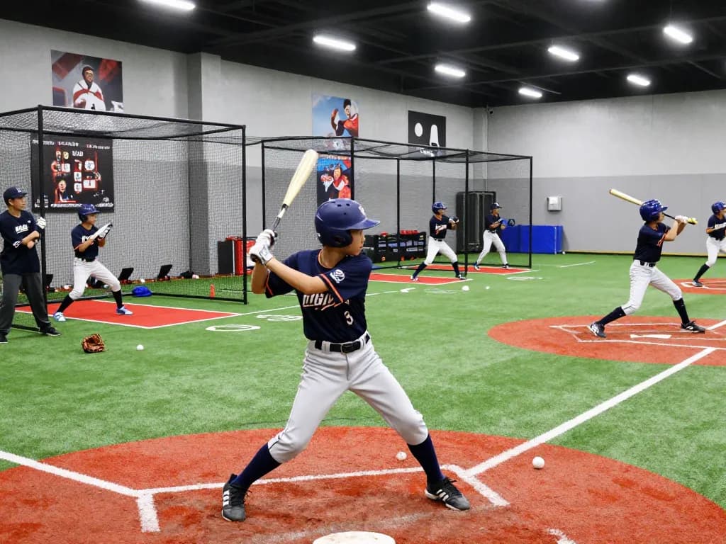 Young athlete practicing baseball swing at the hitclub training facility, surrounded by teammates and equipment.