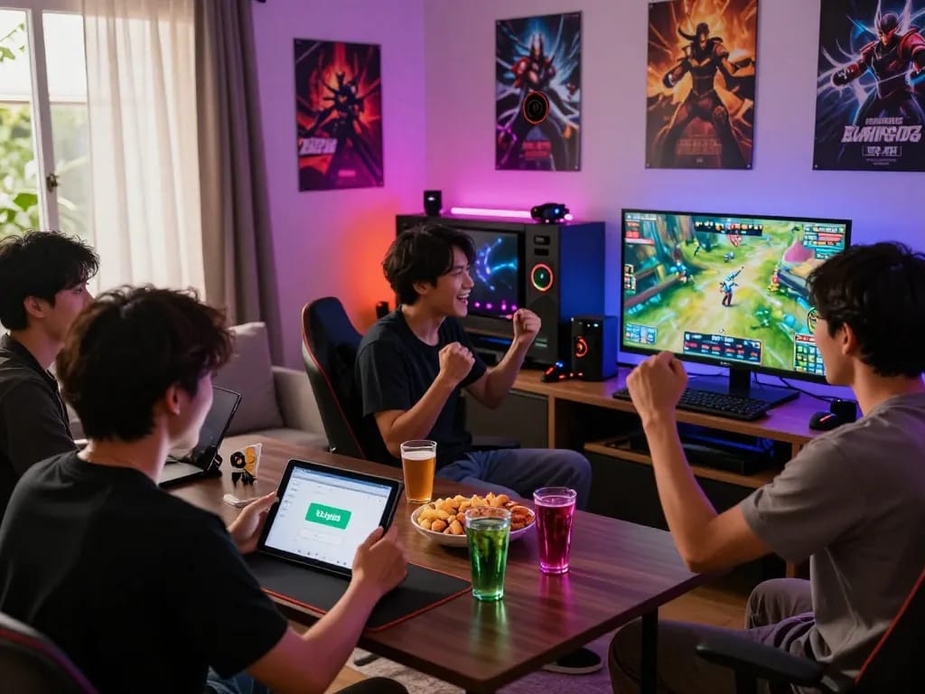 Exciting gaming night scene with friends downloading tải go88 app and playing games together.