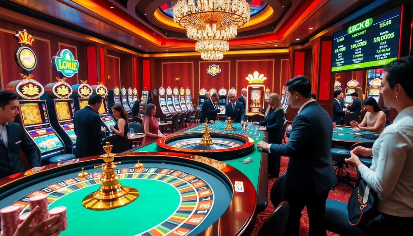 Experience the thrill of gaming at Luck8, with players engaging at a vibrant roulette table.