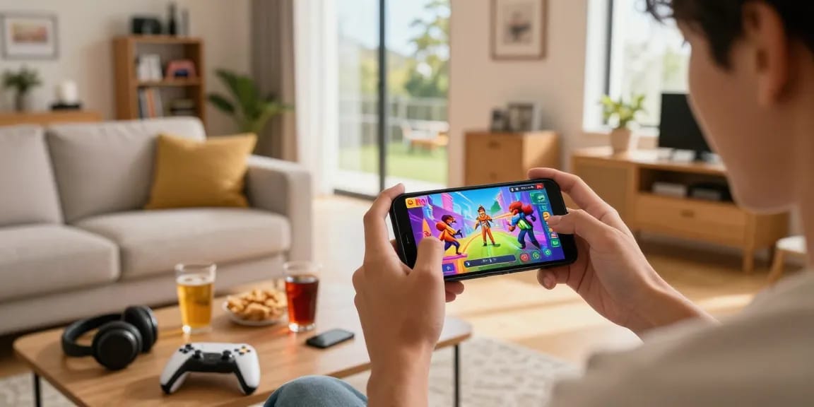 Colorful mobile hentai game displayed on smartphone in cozy living room.