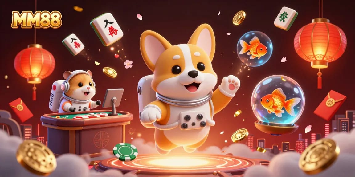 Experience the MM88 excitement with floating poker chips and whimsical characters in a vibrant casino scene.