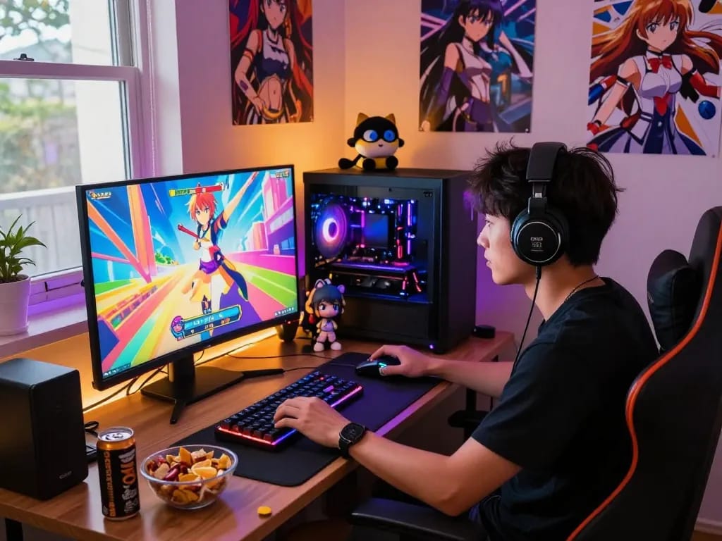Engaging gamer immersed in an anime porn game, showcasing vibrant gaming setup.