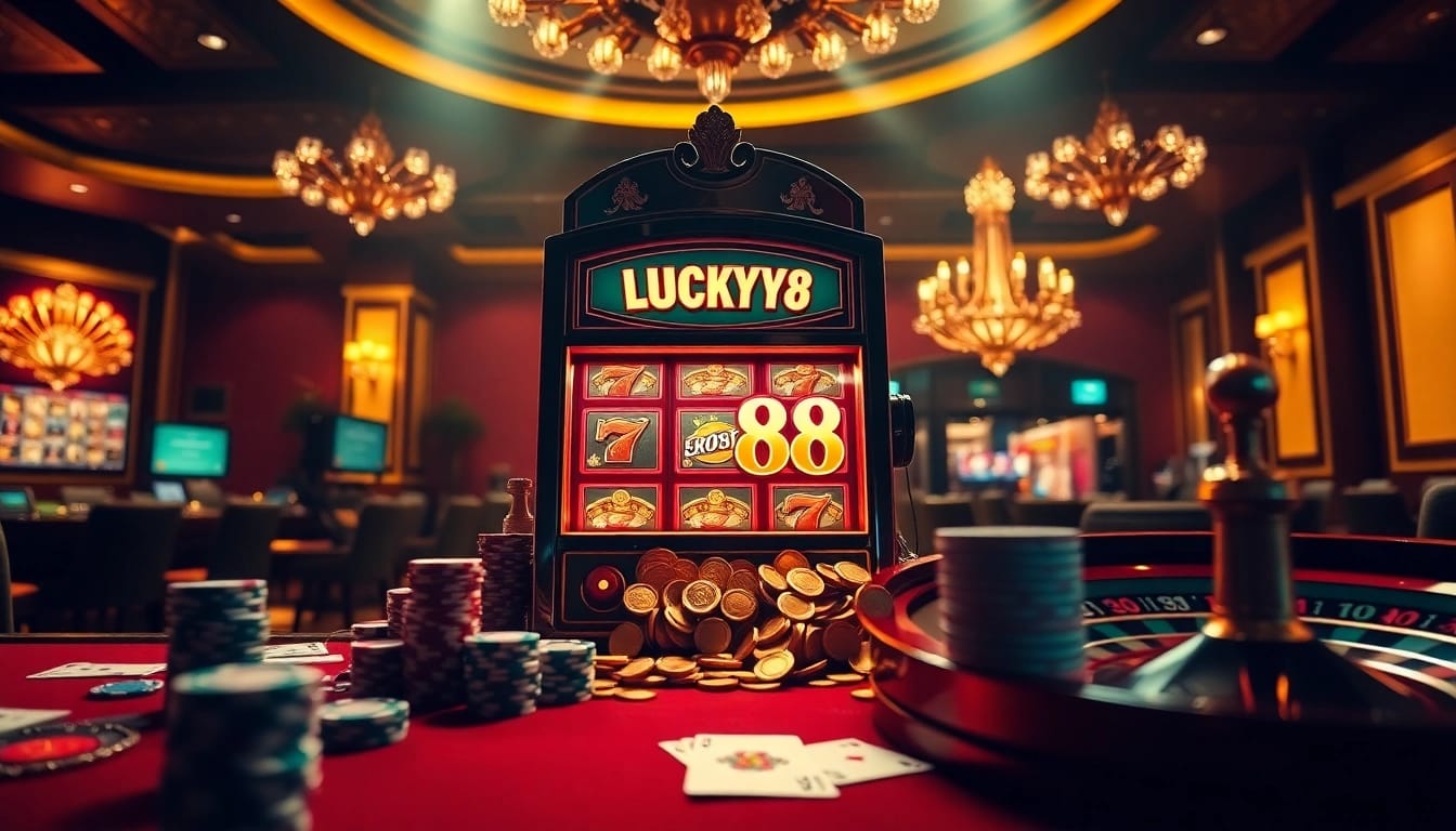 Experience the thrill of winning on the LUCKY88 slot machine in a luxurious casino setting.