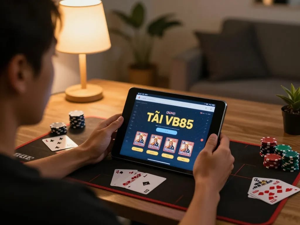 TẢI VB88 app displayed on tablet for engaging online gambling experience at home.