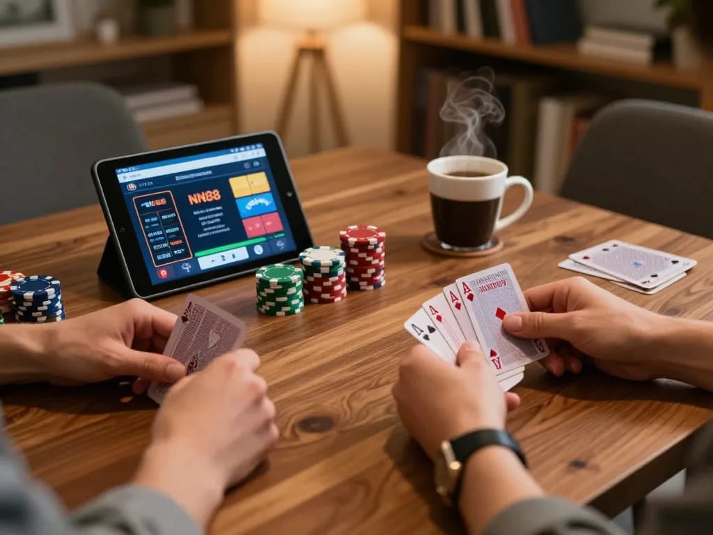 Players strategizing in a cozy home environment while using the NN88 app for poker gaming.