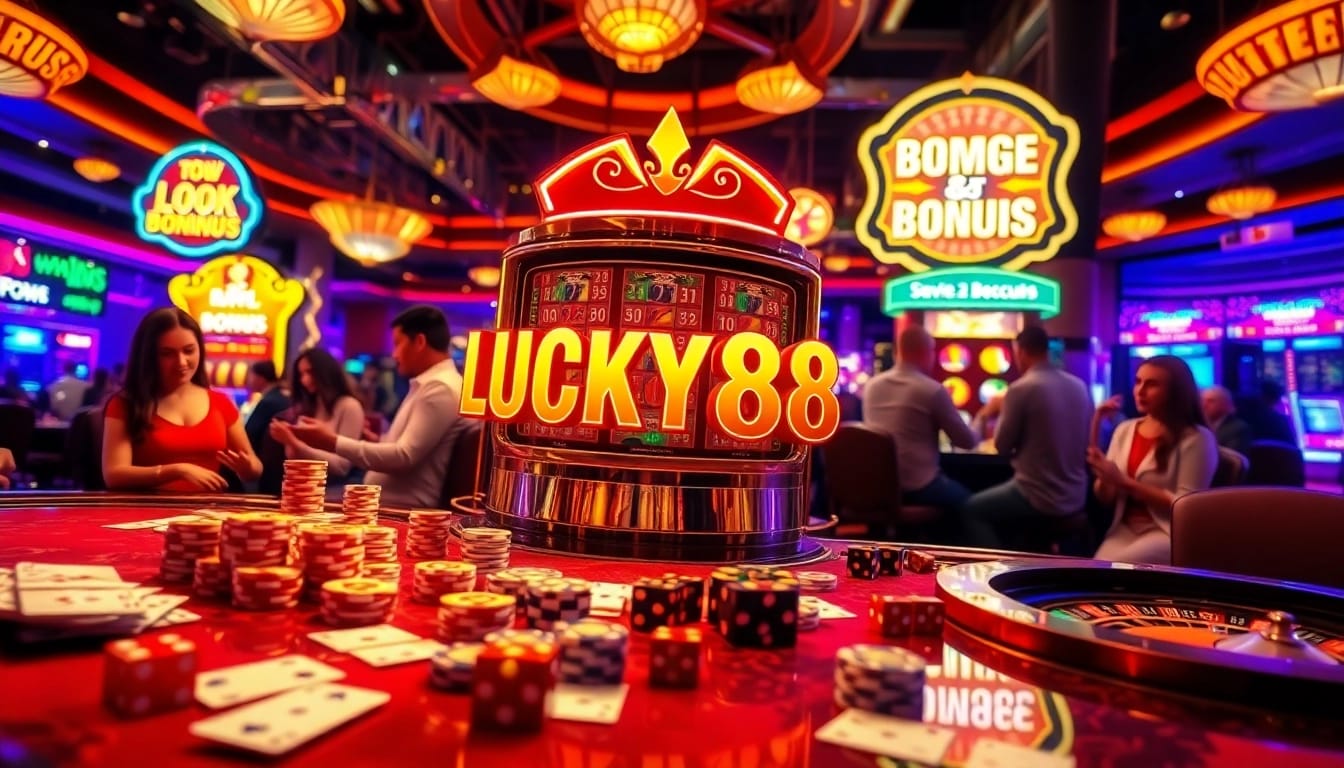 LUCKY88 slot machine in a vibrant casino scene with excited players and colorful gaming elements.