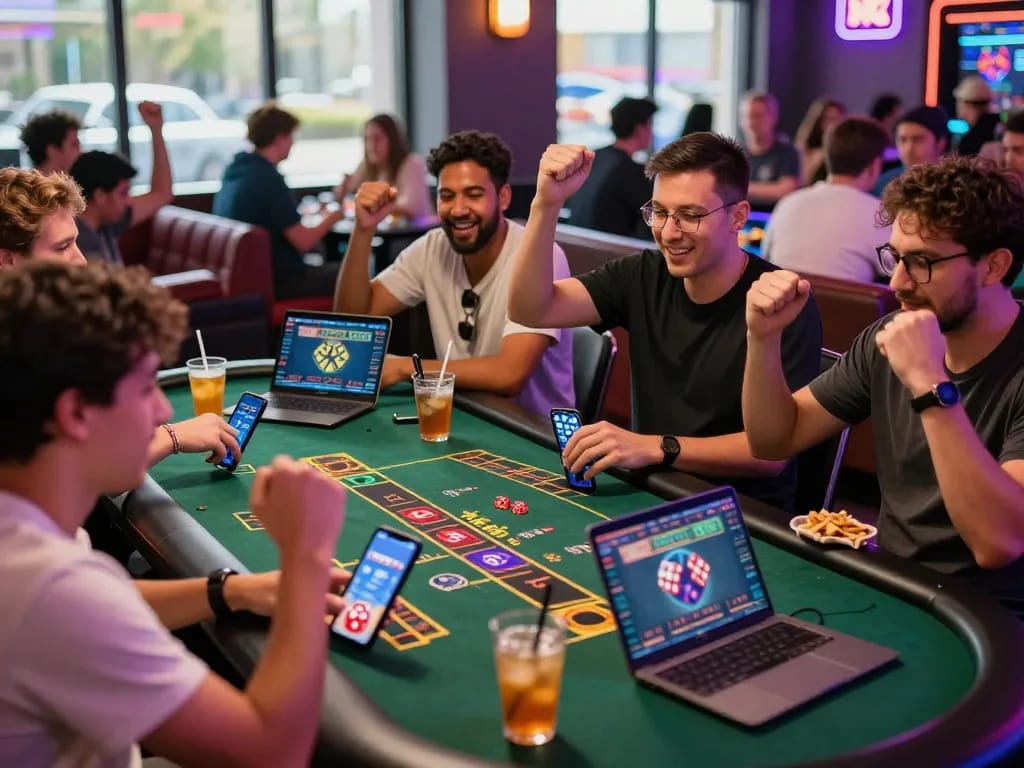 Exciting online casino atmosphere with players celebrating during a game of tài xỉu sunwin.