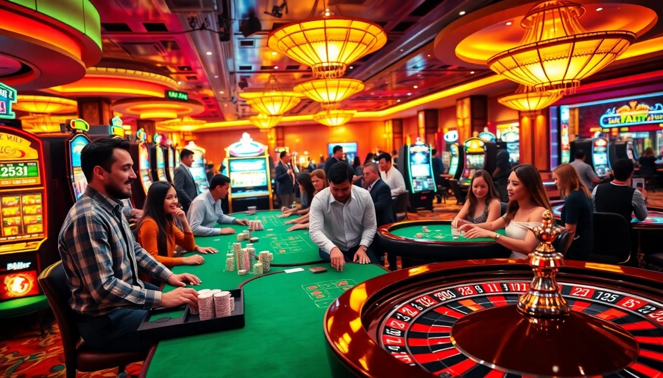Players enjoying thrilling games at https://kjc.pro/, surrounded by vibrant casino elements.