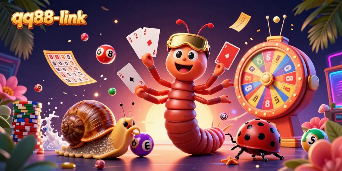 Experience the excitement of qq88-link with a colorful casino-themed illustration featuring vibrant game elements.