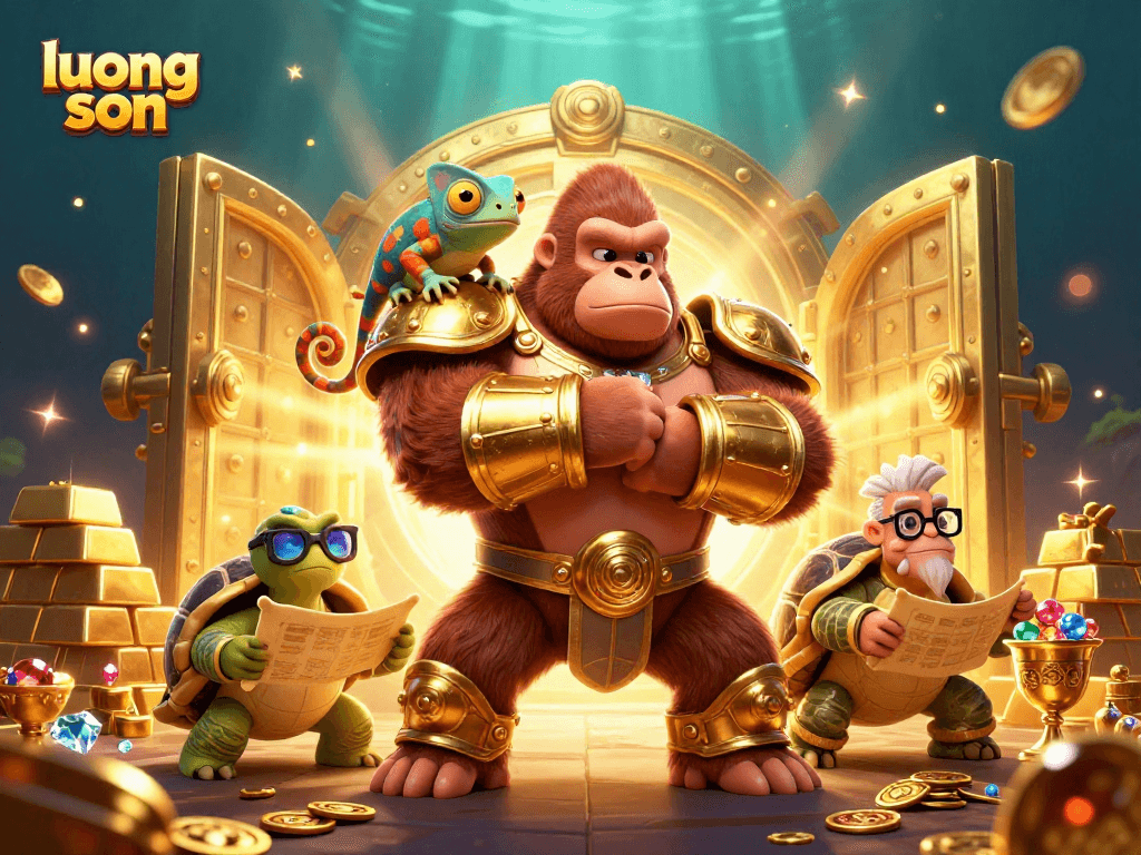 Engage in thrilling gambling action with luong son as a powerful gorilla king and companions in rich treasure.