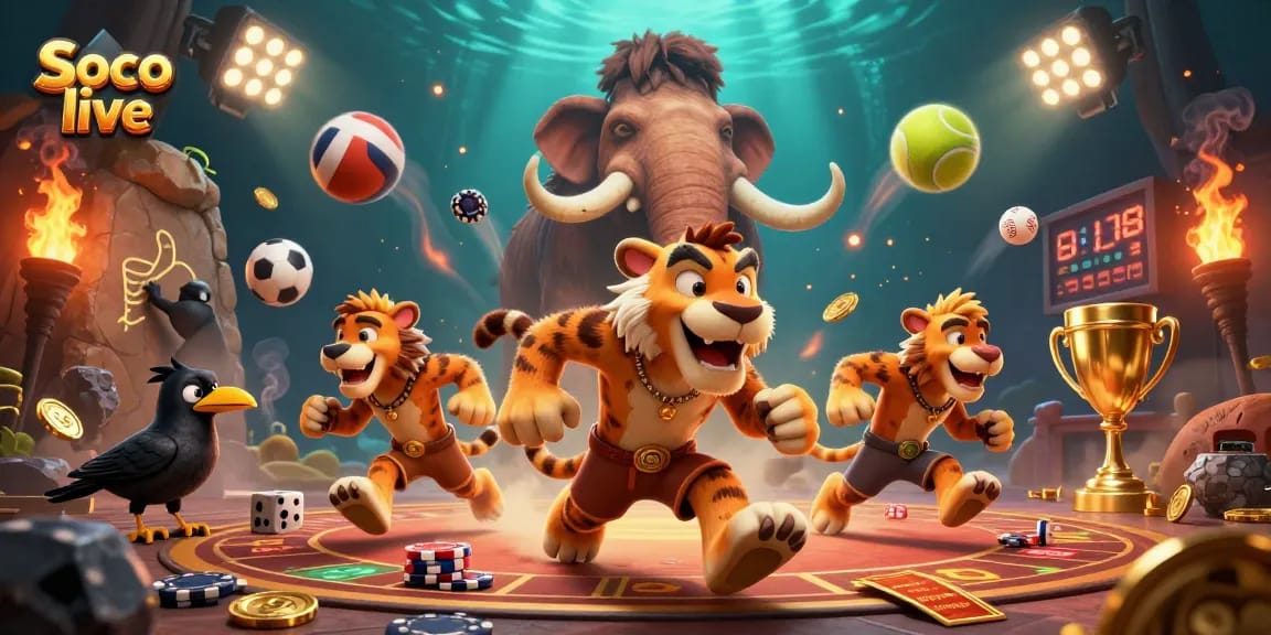 Soco live showcases animated cavemen gambling in a prehistoric casino, highlighting dynamic sports elements and vibrant energy.
