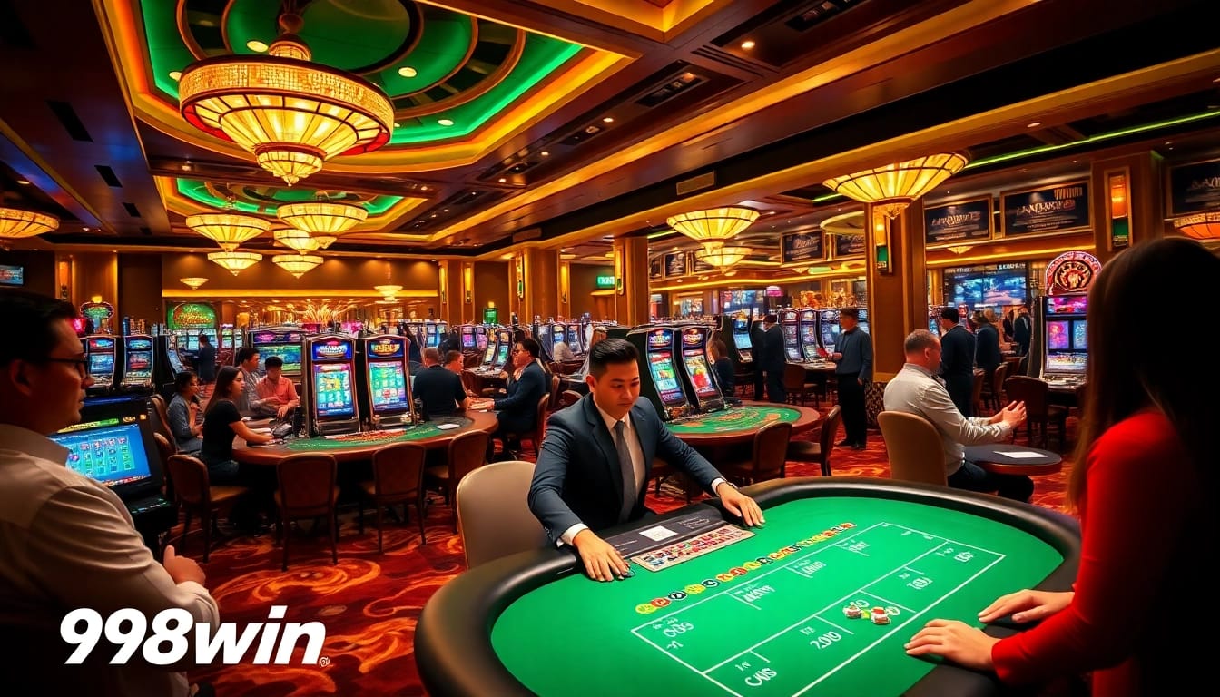 Players enjoying a vibrant blackjack game at 98win casino, showcasing excitement and luxury.