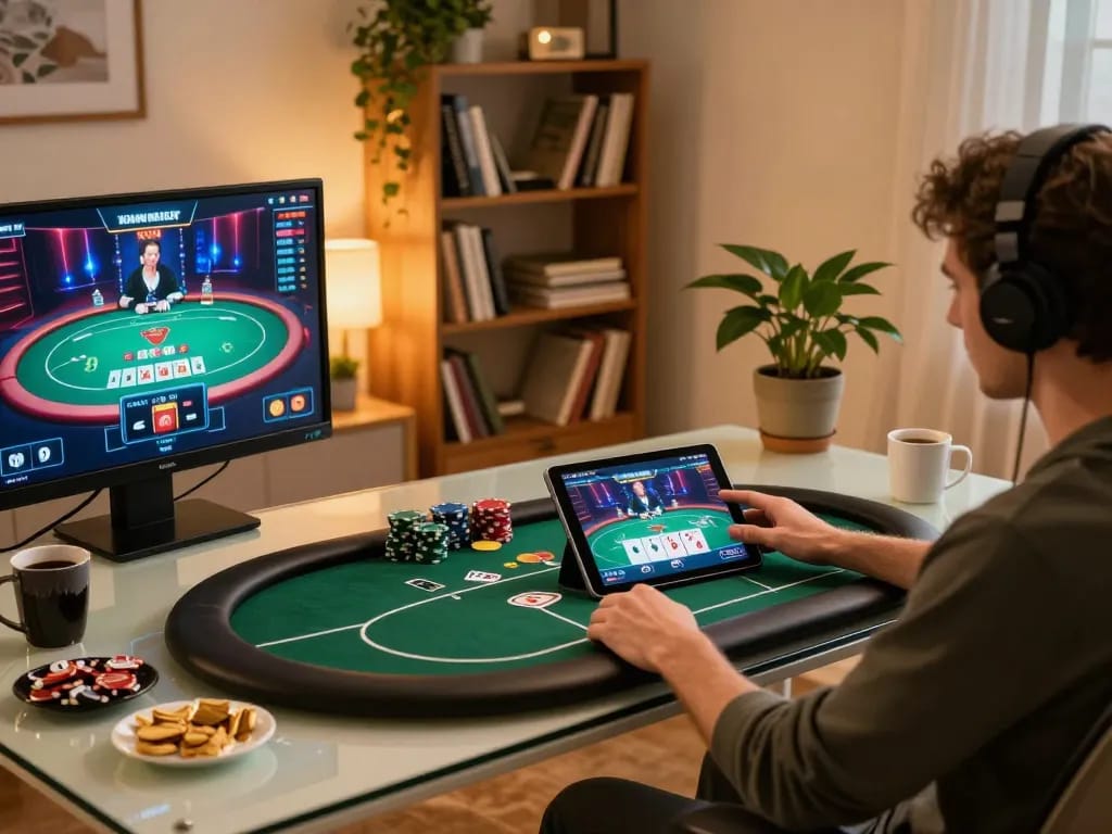 Person strategizing in online poker at mig8, showcasing a cozy home gaming atmosphere