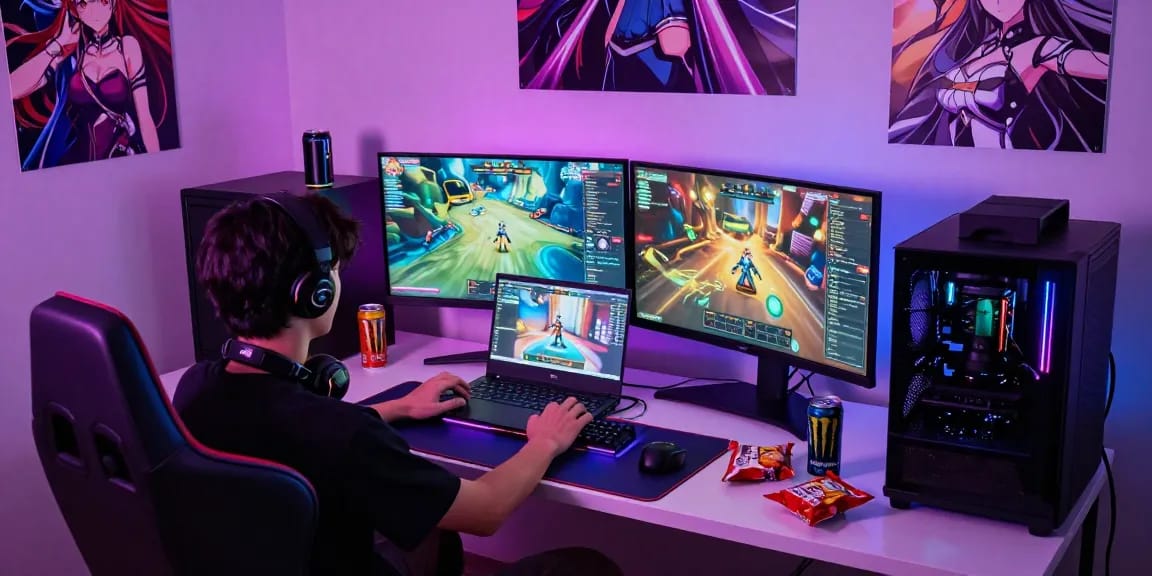 Engaged player enjoying a hentai game on a gaming laptop with vibrant LED lights.
