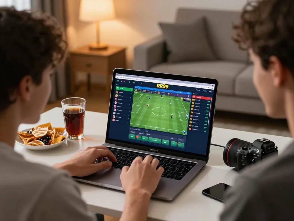 Engage in sports betting at RR99 with a cozy home setup, laptop displaying betting odds and stats.
