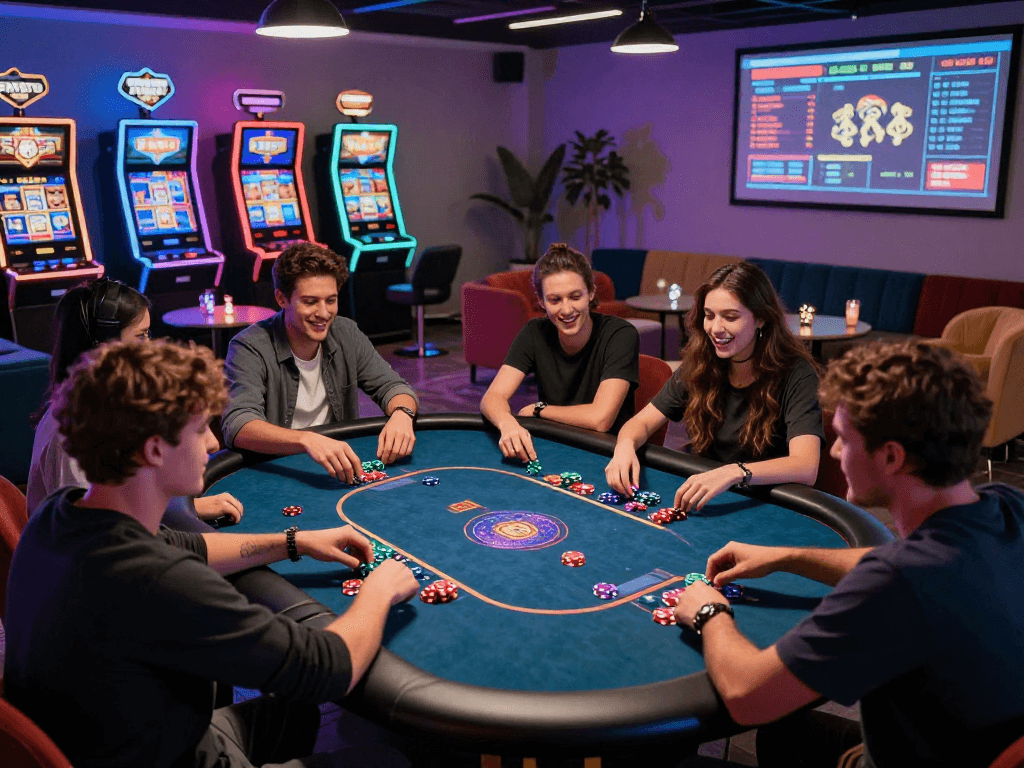 Experience the excitement of a crypto casino with friends at a vibrant gaming lounge filled with modern tech.