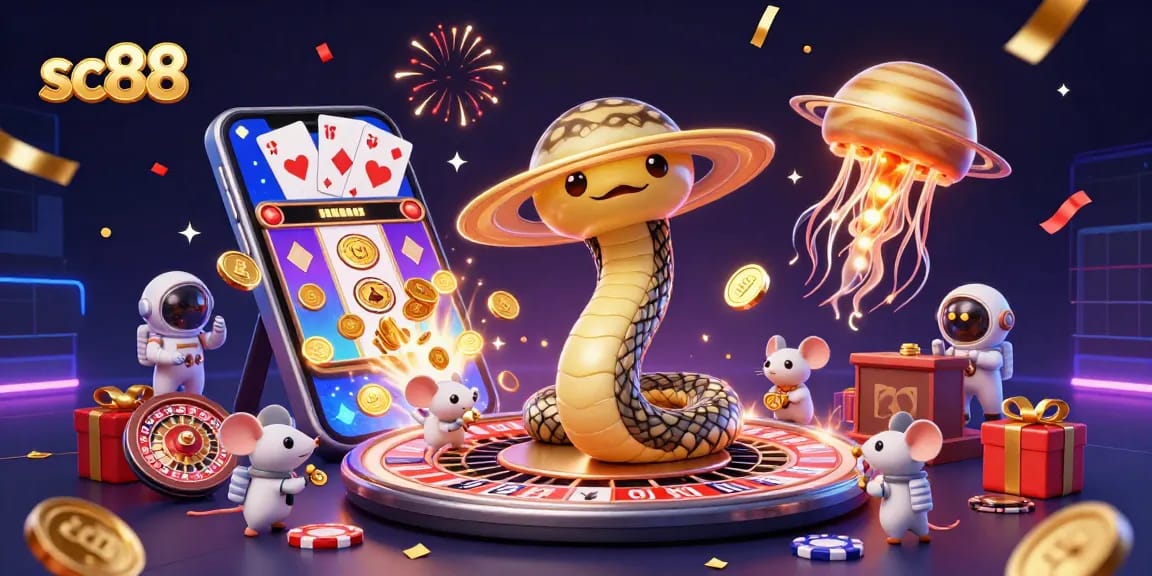 Engage with sc88 as astronaut mice place bets on a cosmic roulette wheel in this vibrant casino scene.