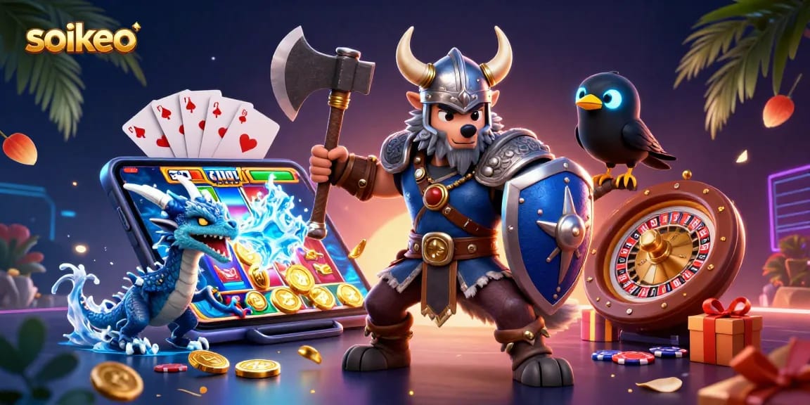Engage with soikeo’s thrilling world of gambling featuring a Viking, dragon, and dynamic gaming elements.