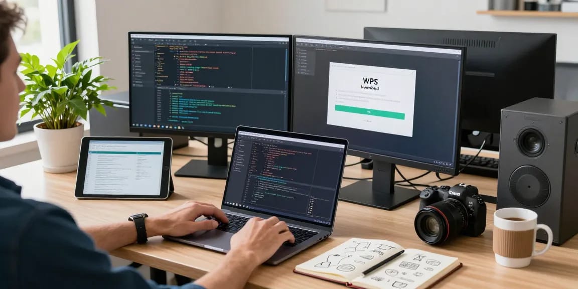 WPS Download installation in a modern office workspace, showcasing productivity tools and coding in action.