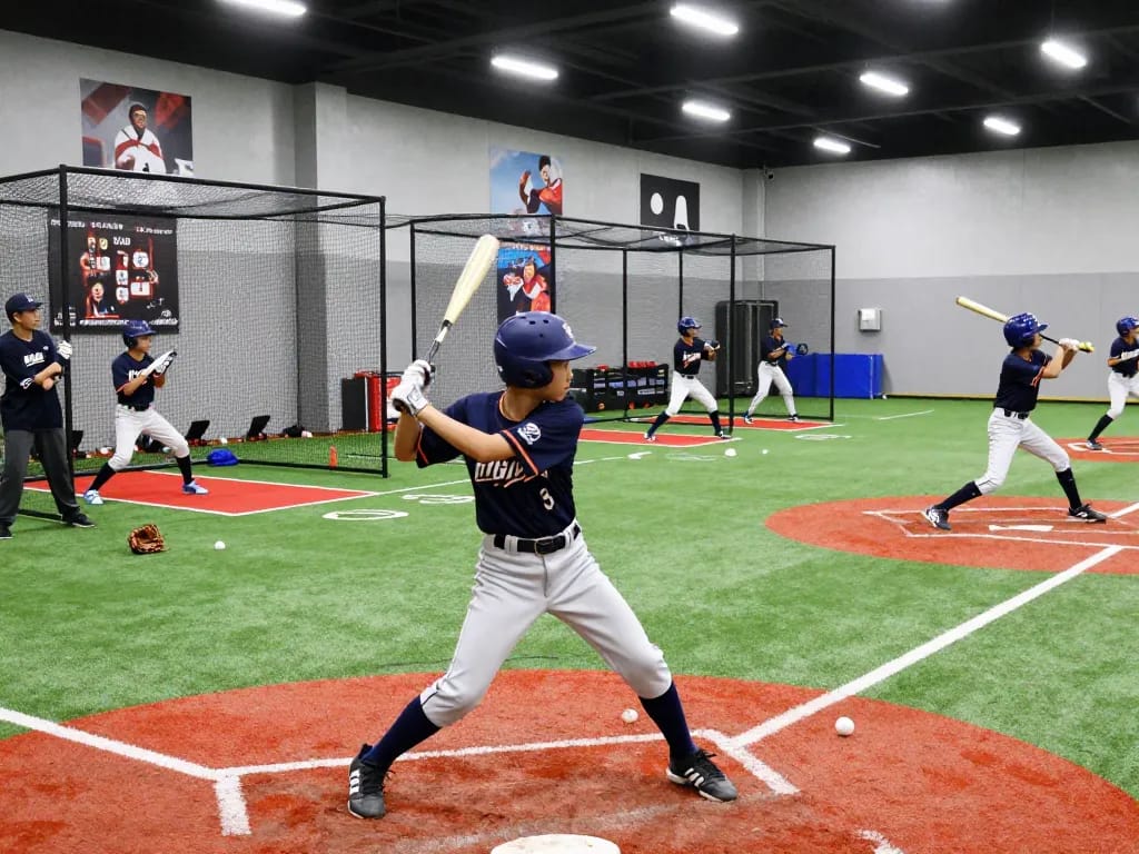 Young athlete practicing baseball swing at the hitclub training facility, surrounded by teammates and equipment.