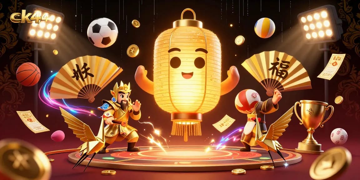 Engage with ck444's vibrant casino scene, featuring a floating lantern spirit and dynamic sports balls.