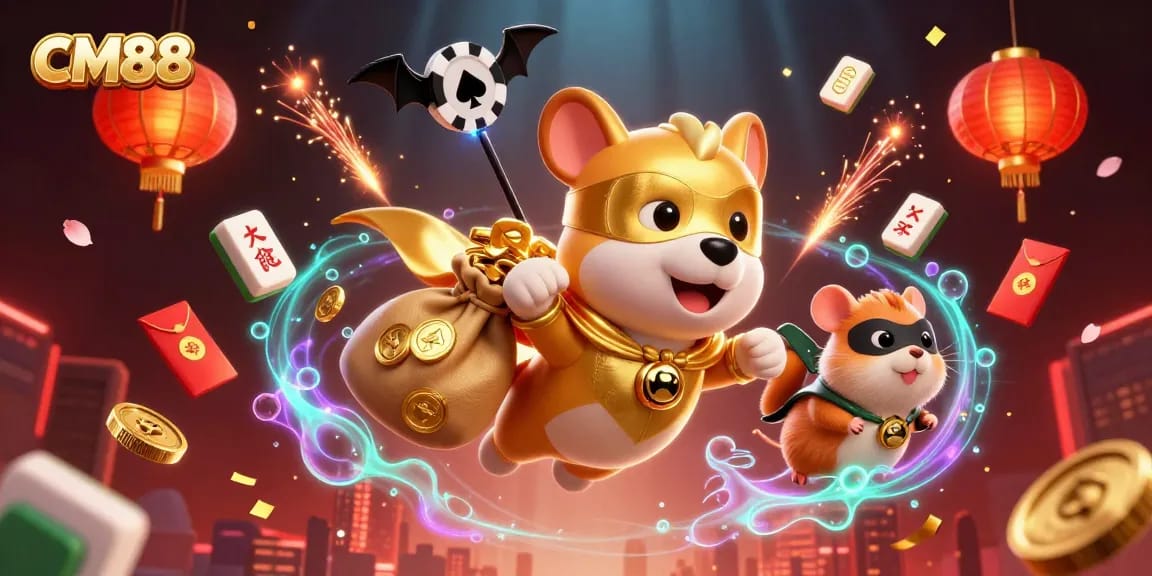 CM88 brings excitement to players with a superhero dog flying carrying gold coins amidst casino elements.