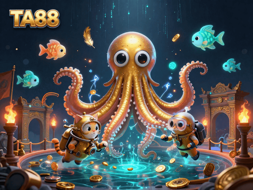 TA88 kraken treasure scene with a diving cat and bioluminescent fish, showcasing vibrant gambling elements.