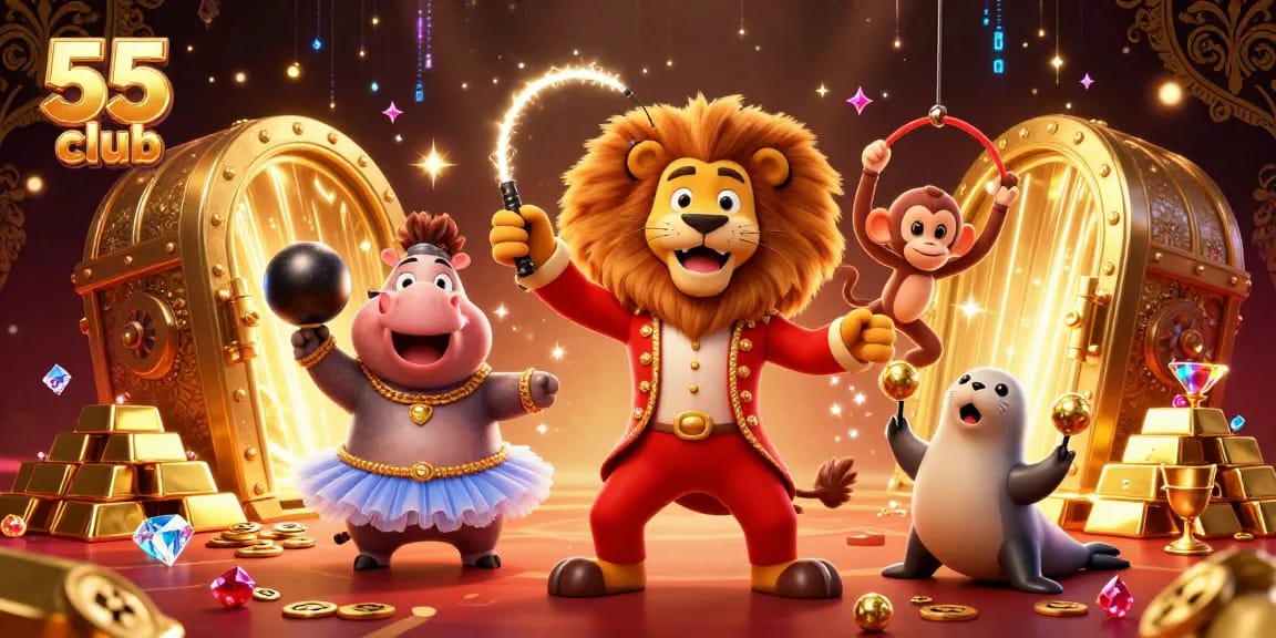 Experience the 55 club with vibrant 3D circus characters amidst sparkling casino treasures.