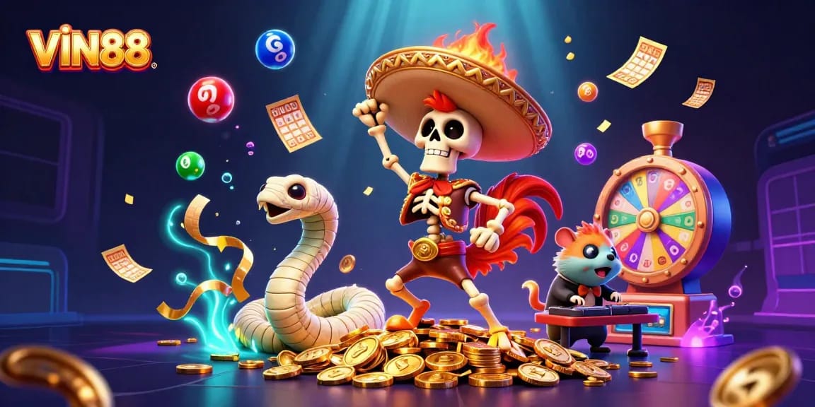 Experience the thrill of VIN88 casino games with a vibrant 3D scene filled with animated characters and dynamic lottery elements.