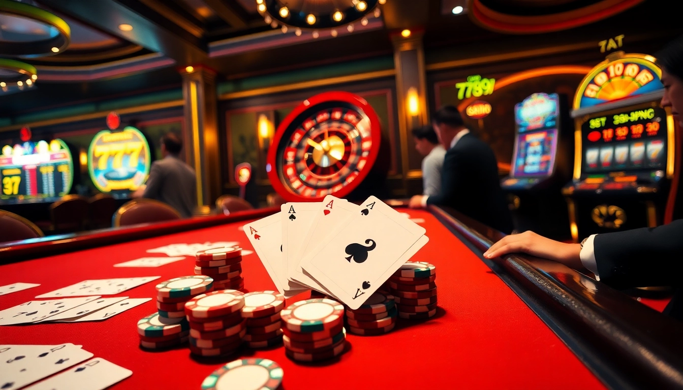 Players enjoying excitement at a 789f casino table with cards and chips.