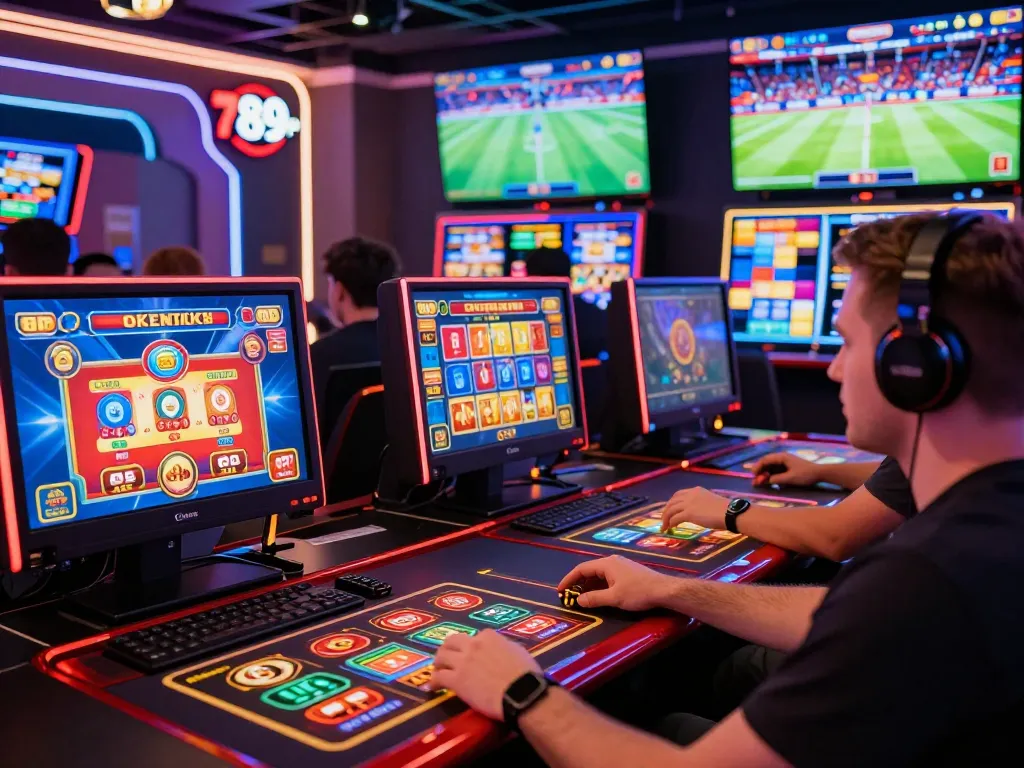 Players enjoying immersive online gambling experiences at 789 P with vibrant graphics and neon lighting.