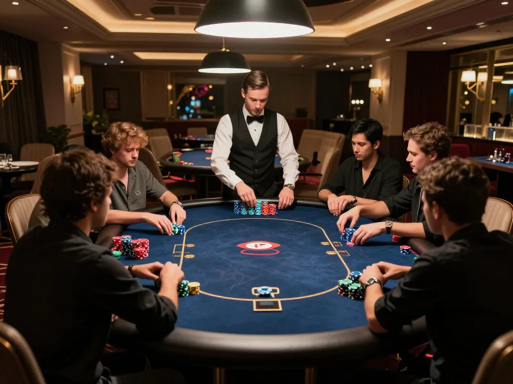 High-stakes poker game action at GG88's luxurious VIP table, showcasing engaged players and colorful chips