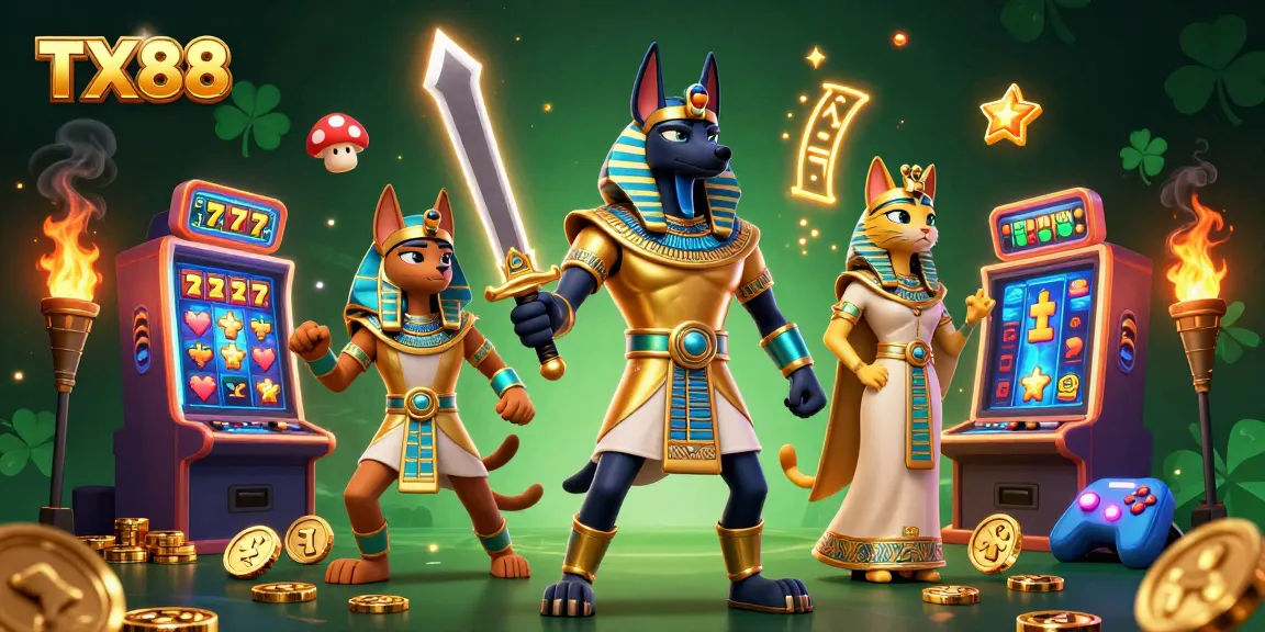 Experience the excitement of TX88 with Anubis and Bastet amidst vibrant casino-themed elements.