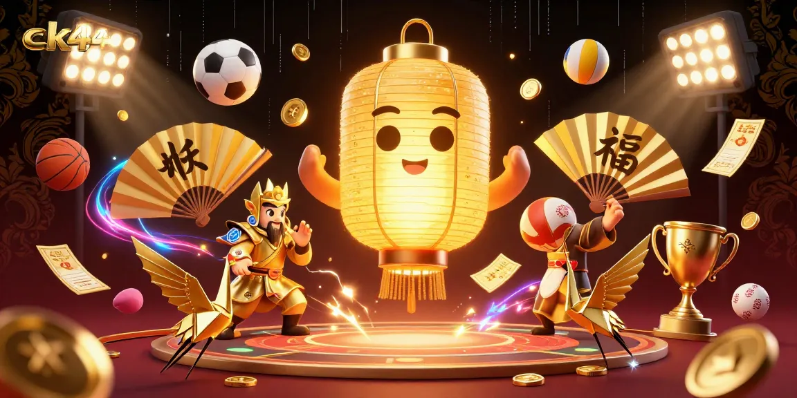 Engage with ck444's vibrant casino scene, featuring a floating lantern spirit and dynamic sports balls.