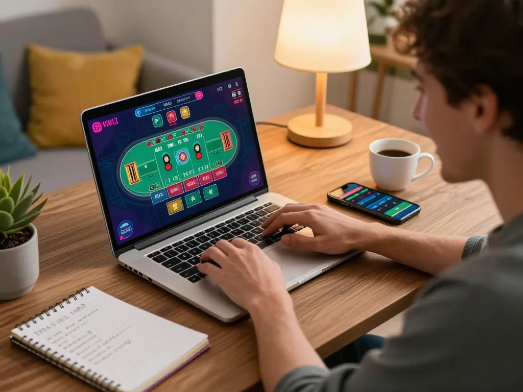 Player engaging with online baccarat game on laptop, focusing on 5679 strategy in a cozy home atmosphere.