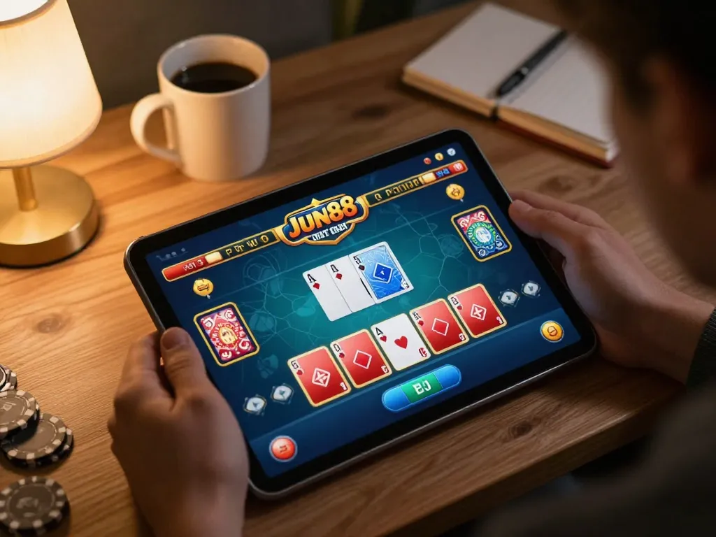 Player enjoying poker on Jun88's app at home with tablet and cozy atmosphere