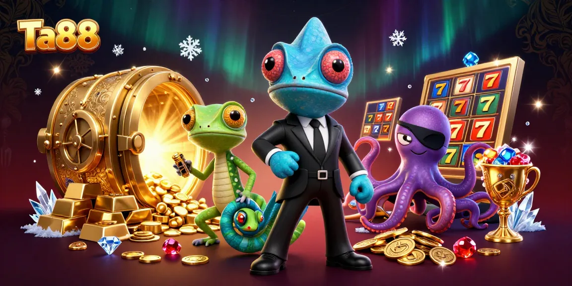 Ta88 showcases a vibrant 3D casino scene with a chameleon agent and dynamic jackpot elements.