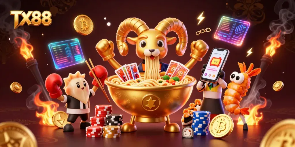 Engage with TX88's vibrant online casino experience featuring a dynamic cartoon casino scene.