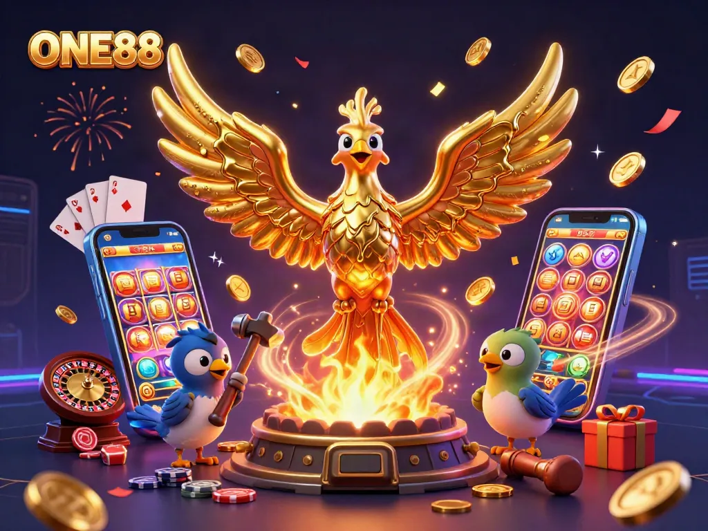 Experience the thrill of ONE88 with a dynamic scene of a golden phoenix emerging from a forge, surrounded by vibrant casino elements.