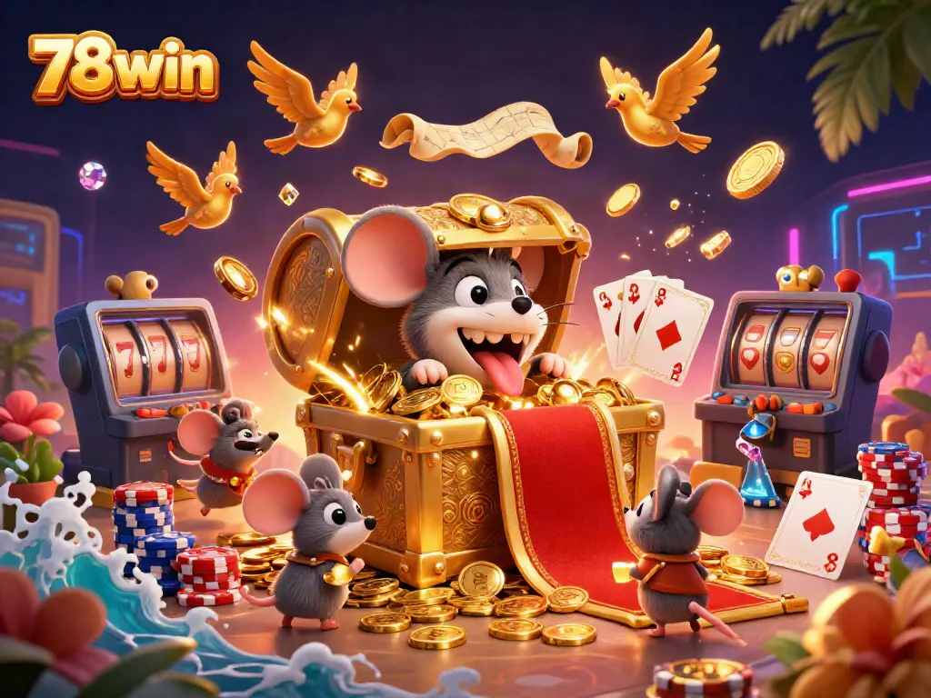 Experience thrilling gaming with 78win as it showcases a vibrant treasure chest amid gold coins and gems.
