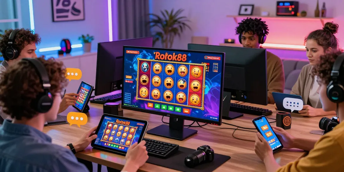Players engaging with rokok88 slot games on various devices in a lively e-commerce atmosphere.