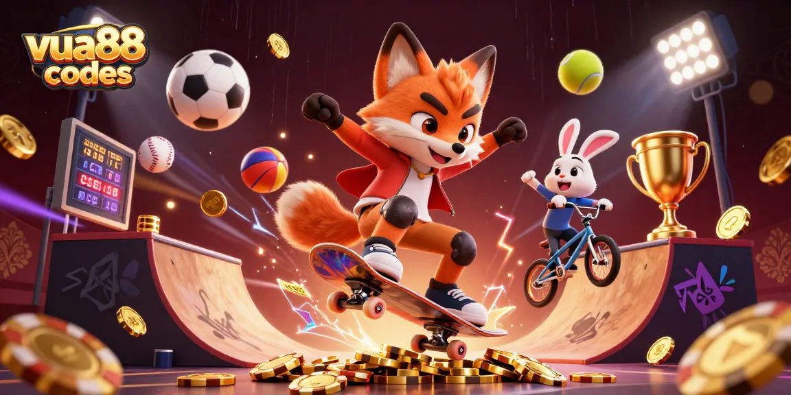 Join the action at vua88 codes with dynamic characters in a casino-themed skateboard scene.